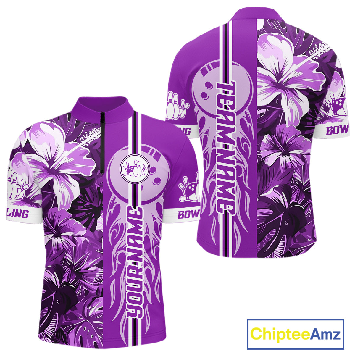 Purple Tropical Flower Flame Bowling Polo Quarter Zip Shirts For Men Custom Bowler Gift Bowling Team NYN4757