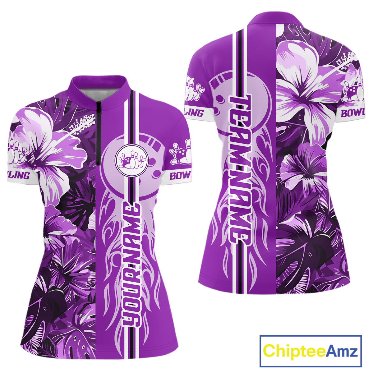 Purple Tropical Flower Flame Bowling Polo Quarter Zip Shirts For Women Custom Bowler Gift Bowling Team NYN4757