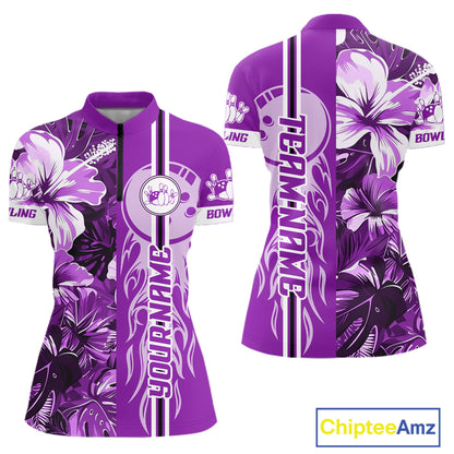 Purple Tropical Flower Flame Bowling Polo Quarter Zip Shirts For Women Custom Bowler Gift Bowling Team NYN4757
