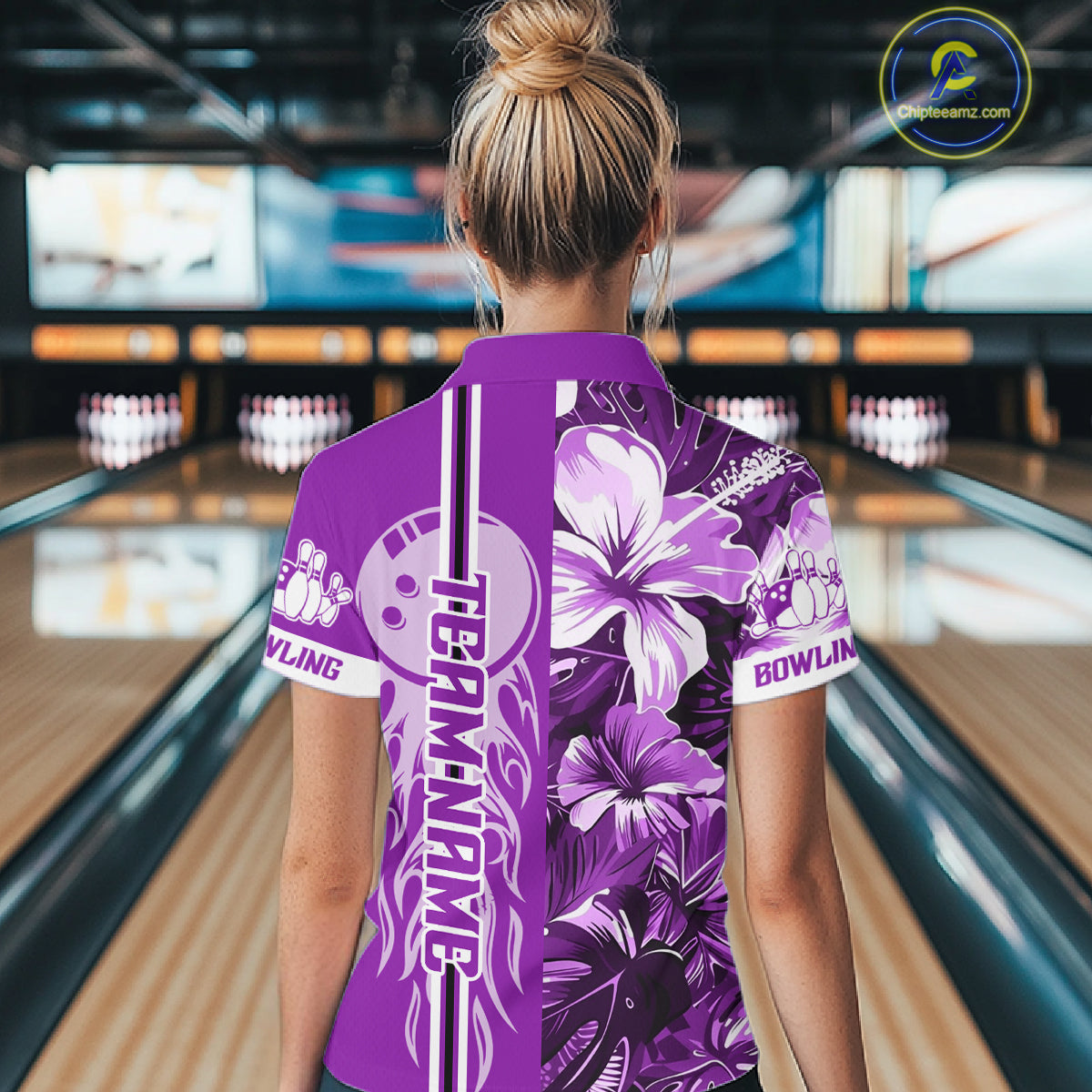 Purple Tropical Flower Flame Bowling Polo Quarter Zip Shirts For Women Custom Bowler Gift Bowling Team NYN4757