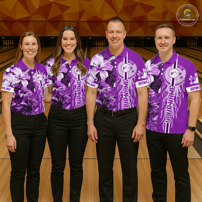 Purple Tropical Flower Flame Bowling Polo Quarter Zip Shirts For Men Custom Bowler Gift Bowling Team NYN4757