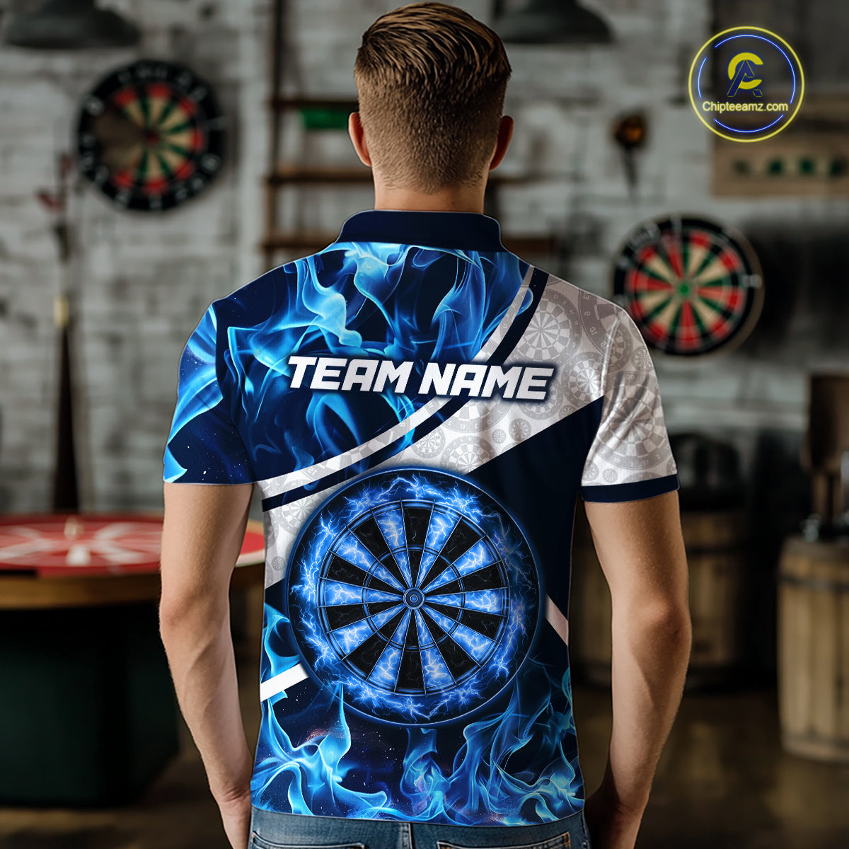 Personalized Blue Flaming Thunder Dartboard Men Darts Polo & 1/4-Zip Shirts Dart Team Jerseys NYN2801