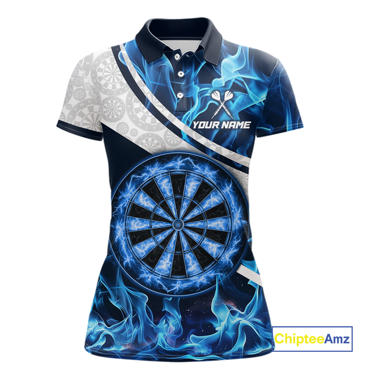 Personalized Blue Flaming Thunder Dartboard Women Darts Polo & 1/4-Zip Shirts Dart Team Jerseys NYN2801