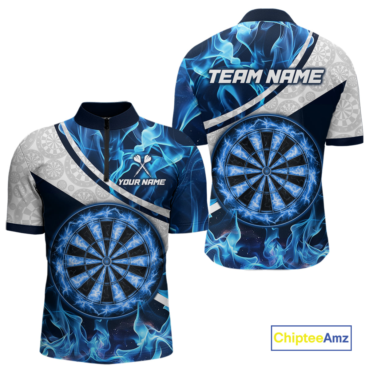 Personalized Blue Flaming Thunder Dartboard Men Darts Polo & 1/4-Zip Shirts Dart Team Jerseys NYN2801