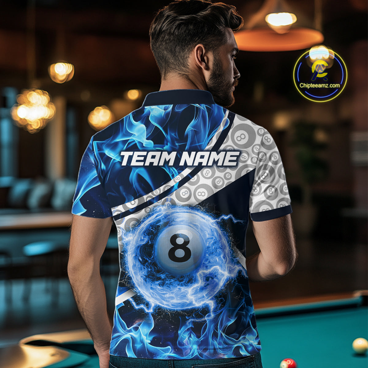 Personalized Blue Flaming Thunder 8 Ball Pool Billiard Shirts For Men Billiard Attire Gifts NYN2802