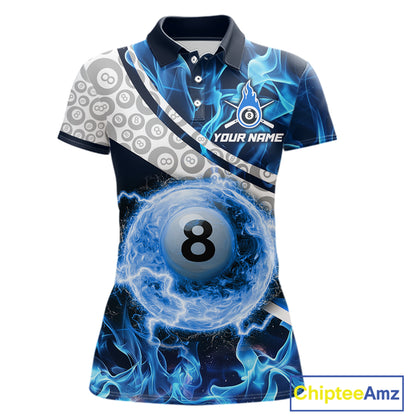 Personalized Blue Flaming Thunder 8 Ball Pool Billiard Shirts For Women Billiard Attire Gifts NYN2802