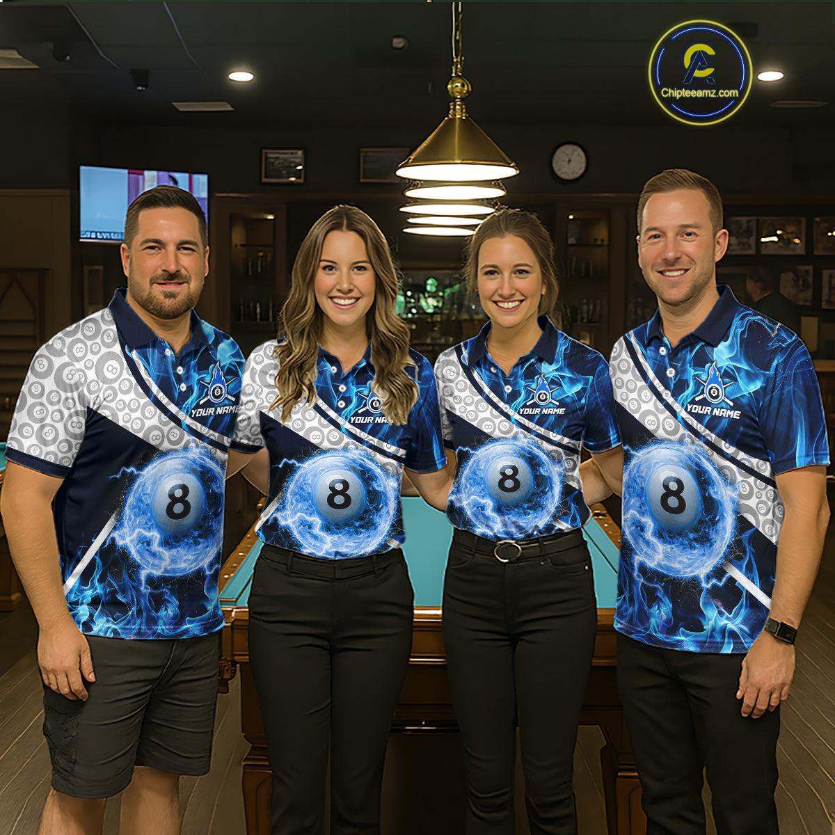 Personalized Blue Flaming Thunder 8 Ball Pool Billiard Shirts For Men Billiard Attire Gifts NYN2802