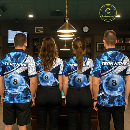 Personalized Blue Flaming Thunder 8 Ball Pool Billiard Shirts For Men Billiard Attire Gifts NYN2802
