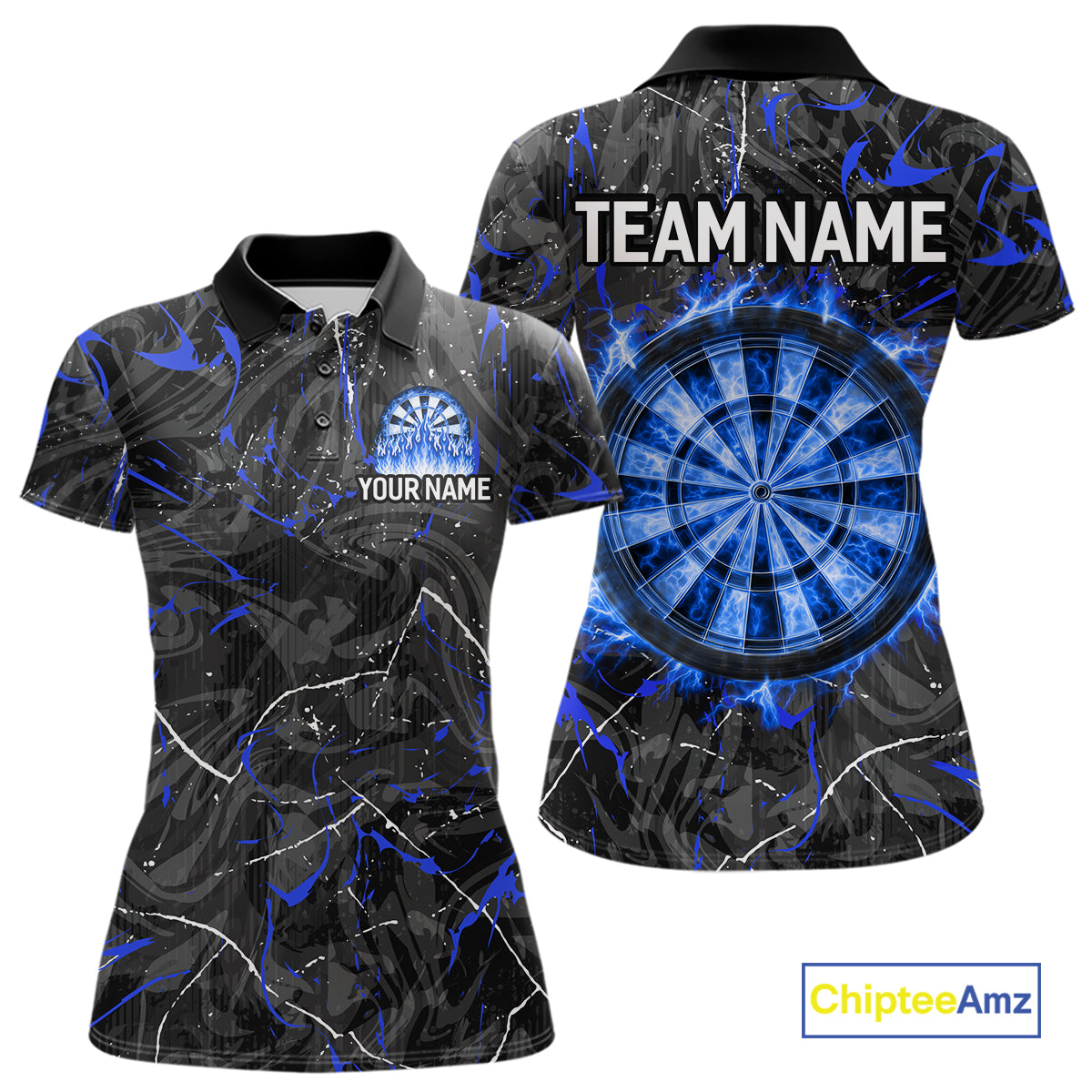 Custom Grey Blue Flaming Dartboard Darts Women Polo & 1/4-Zip Shirts Dart Team Jerseys NYN2806