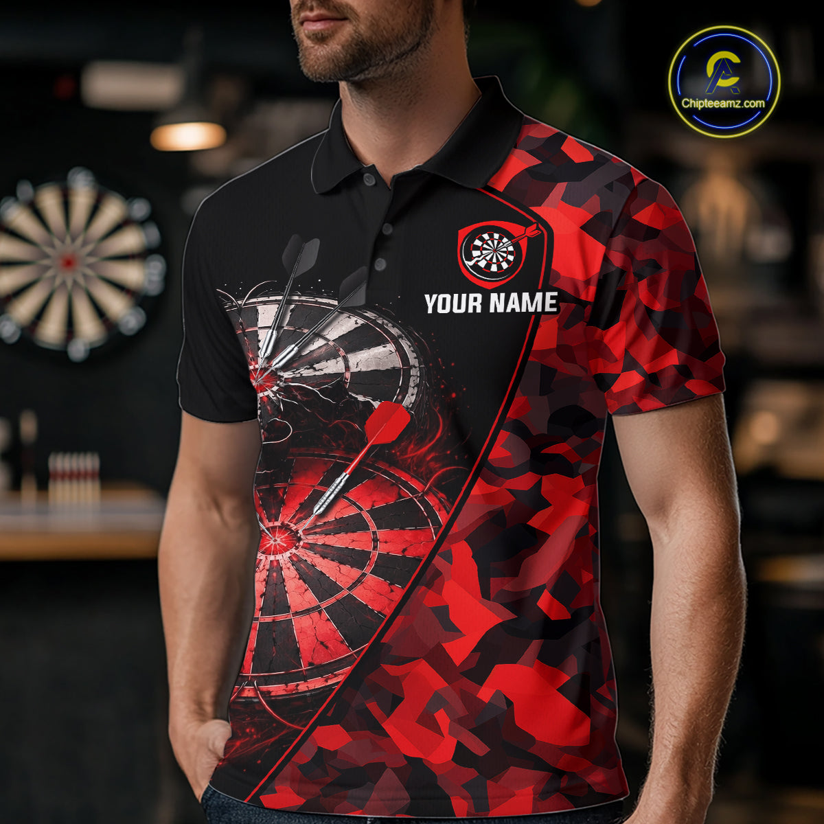 Personalized Camouflage Cracked Black And Red Dartboard Men Polo & 1/4-Zip Shirts Dart Team Jerseys NYN2809