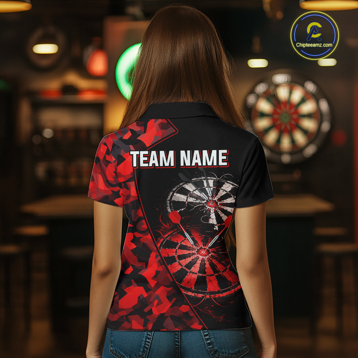 Personalized Camouflage Cracked Black And Red Dartboard Women Polo & 1/4-Zip Shirts Dart Team Jerseys NYN2809