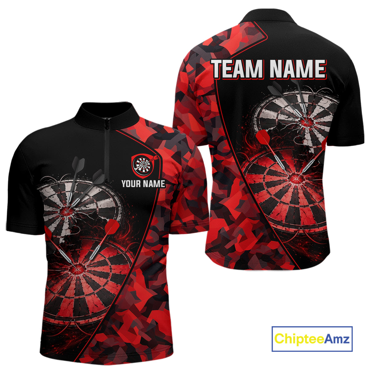 Personalized Camouflage Cracked Black And Red Dartboard Men Polo & 1/4-Zip Shirts Dart Team Jerseys NYN2809