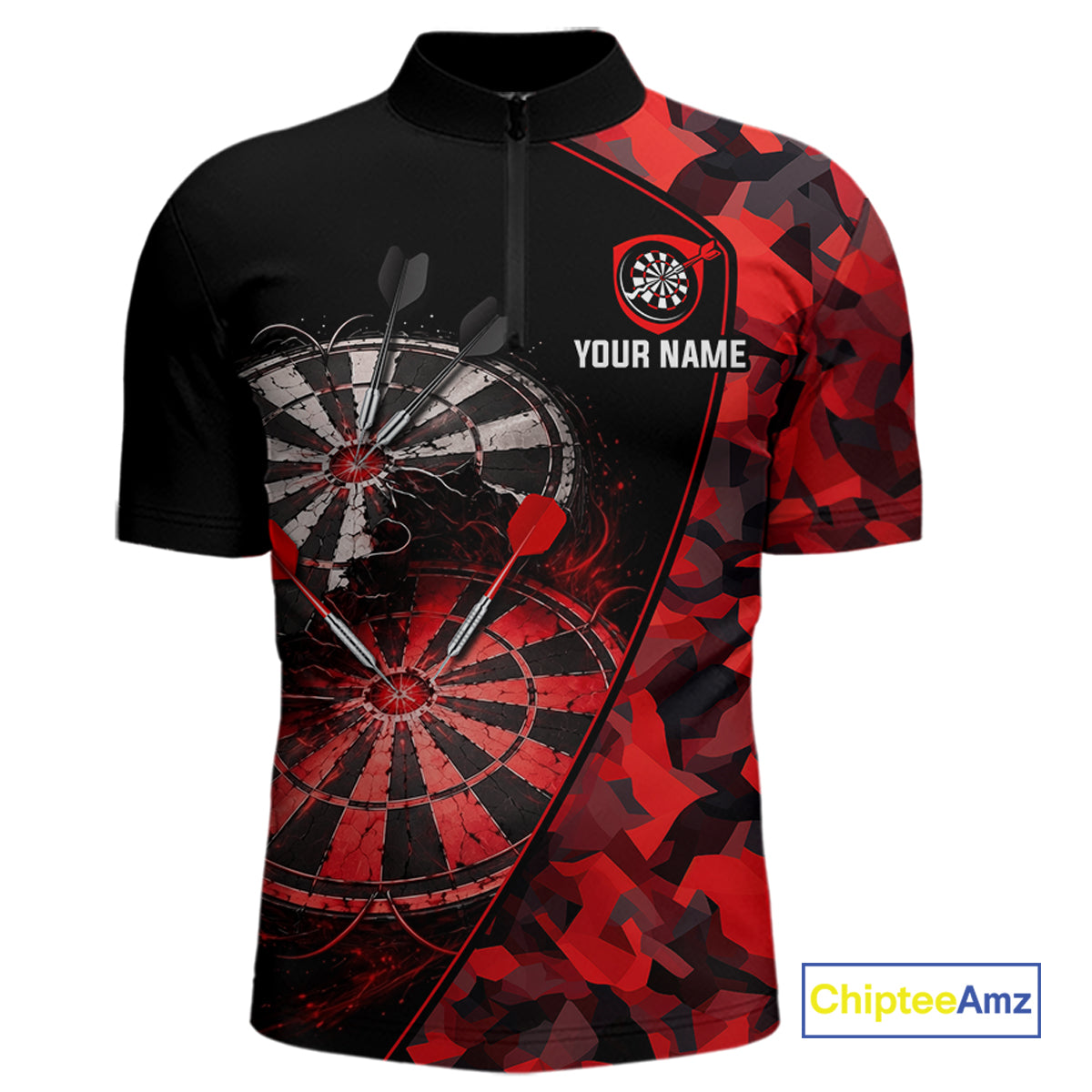 Personalized Camouflage Cracked Black And Red Dartboard Men Polo & 1/4-Zip Shirts Dart Team Jerseys NYN2809