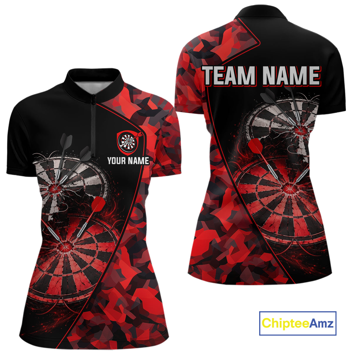 Personalized Camouflage Cracked Black And Red Dartboard Women Polo & 1/4-Zip Shirts Dart Team Jerseys NYN2809