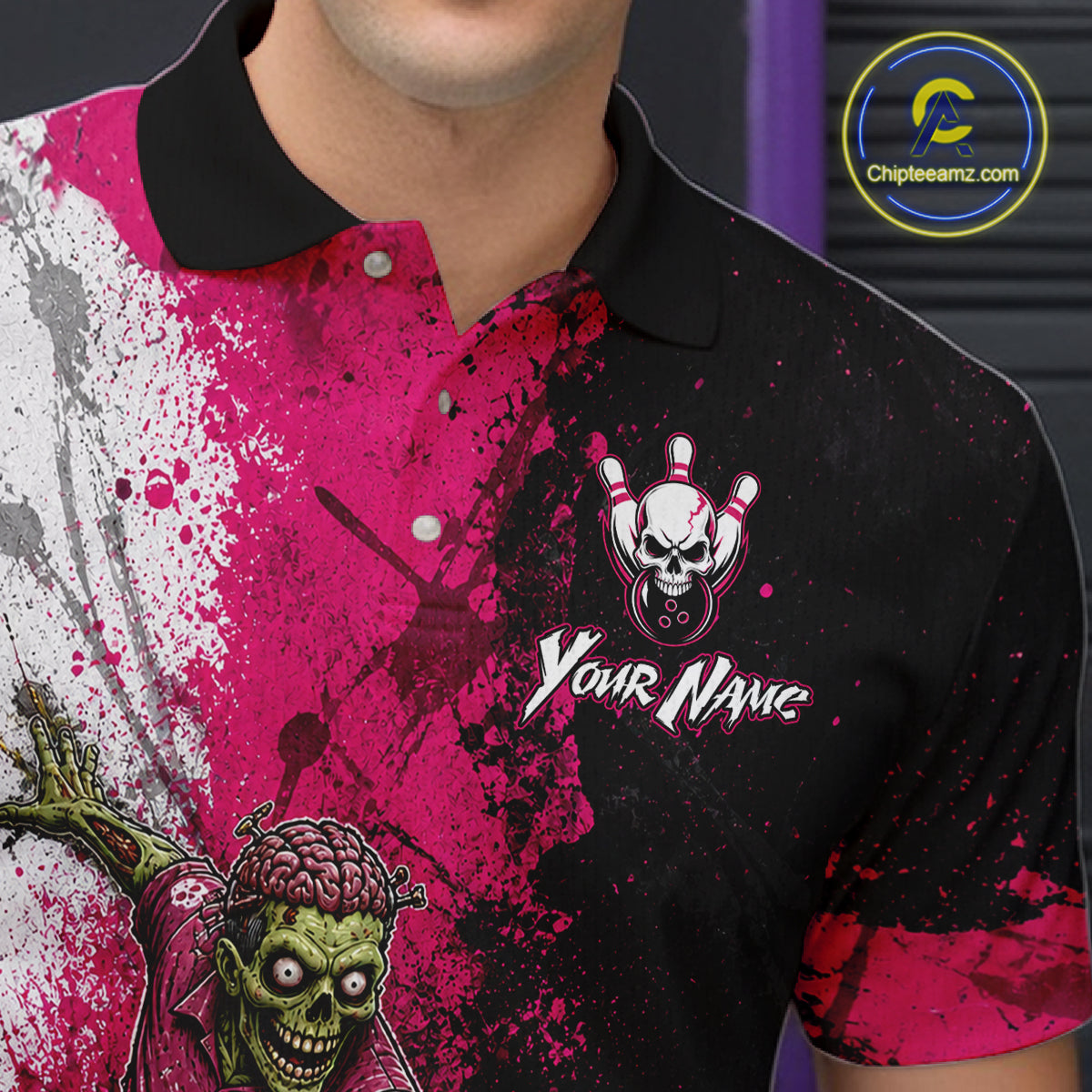 Grunge Black, White And Pink Zombie Men Bowling Shirts Personalized Skull Bowling Team Outfits NYN3188