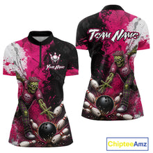 Load image into Gallery viewer, Grunge Black, White And Pink Zombie Women Bowling Shirts Personalized Skull Bowling Team Outfits NYN3188