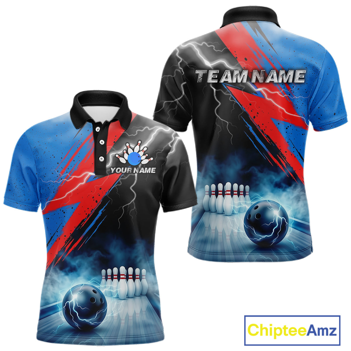 Thunder lightning bowling polo quarter zip shirt for men blue smoke bowling jersey