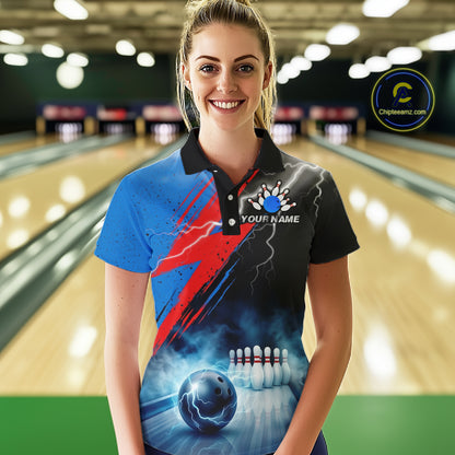 Thunder Lightning Bowling Polo 1/4-Zip Shirts For Women Custom Blue Smokes Team Bowling Jerseys NYN3453