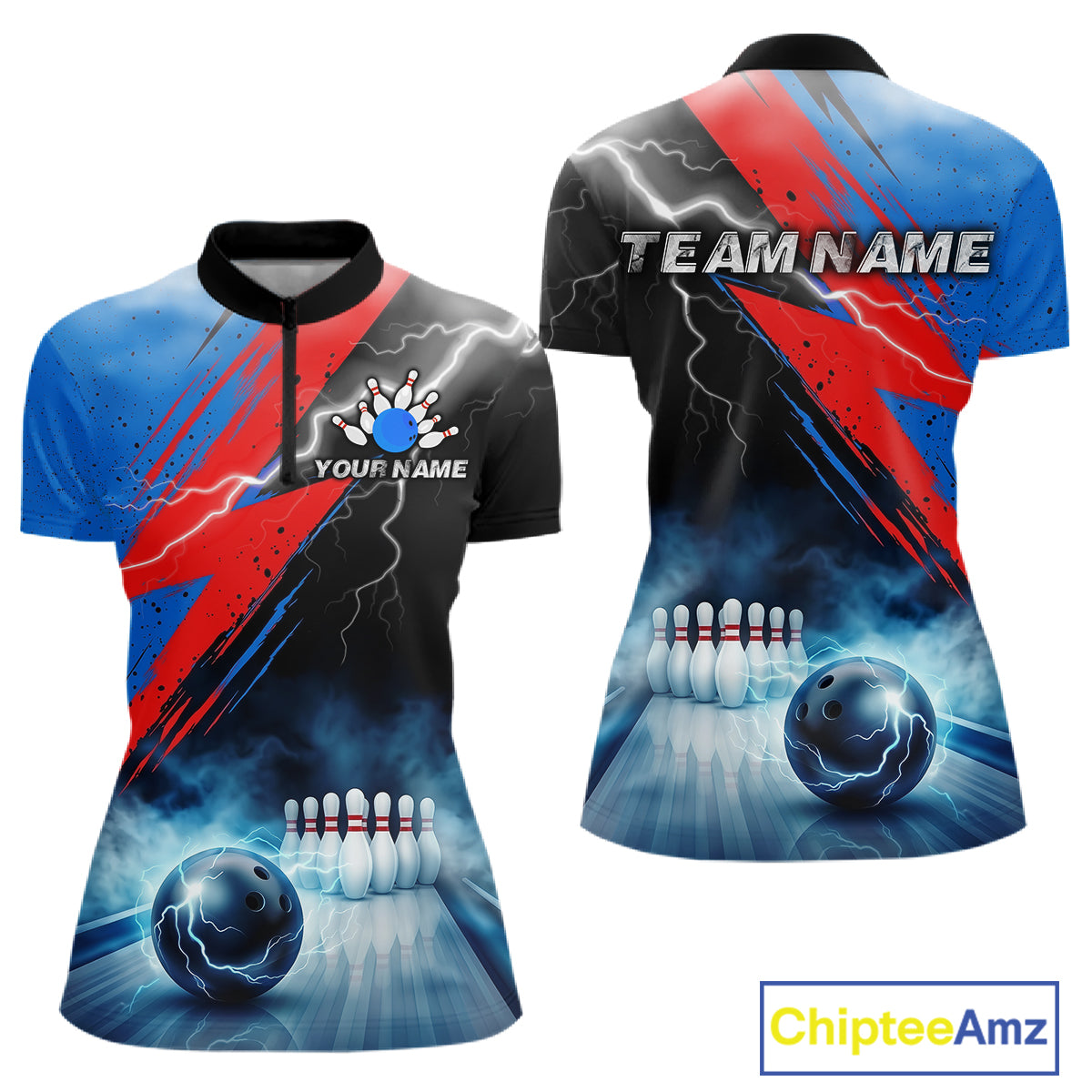 Thunder lightning bowling quarter zip shirt for women blue smoke bowling jersey