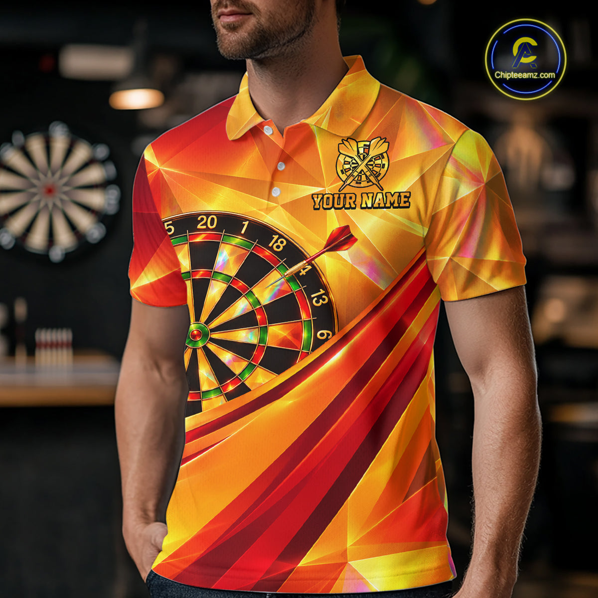 Personalized Gold Geometric Darts 1/4-Zip Polo Shirt For Men Darts Team Tournament Uniform NYN4777