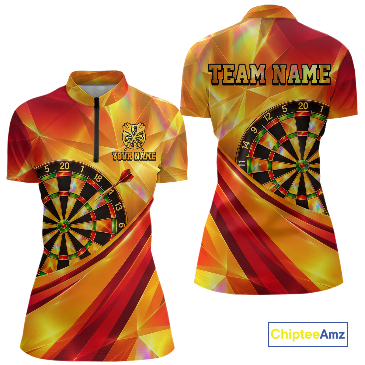 Personalized Gold Geometric Darts 1/4-Zip Polo Shirt For Women Darts Team Tournament Uniform NYN4777