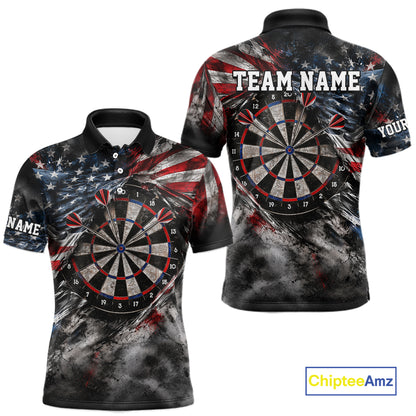 Custom Grunge Torn US Flag Darts 1/4-Zip Polo Shirt For Men Patriotic Darts Team Jersey NYN4780
