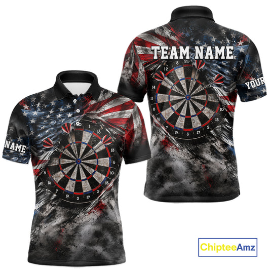 Custom Grunge Torn US Flag Darts 1/4-Zip Polo Shirt For Men Patriotic Darts Team Jersey NYN4780
