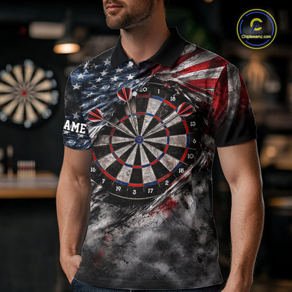 Custom Grunge Torn US Flag Darts 1/4-Zip Polo Shirt For Men Patriotic Darts Team Jersey NYN4780