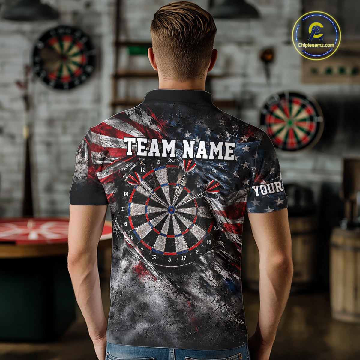 Custom Grunge Torn US Flag Darts 1/4-Zip Polo Shirt For Men Patriotic Darts Team Jersey NYN4780