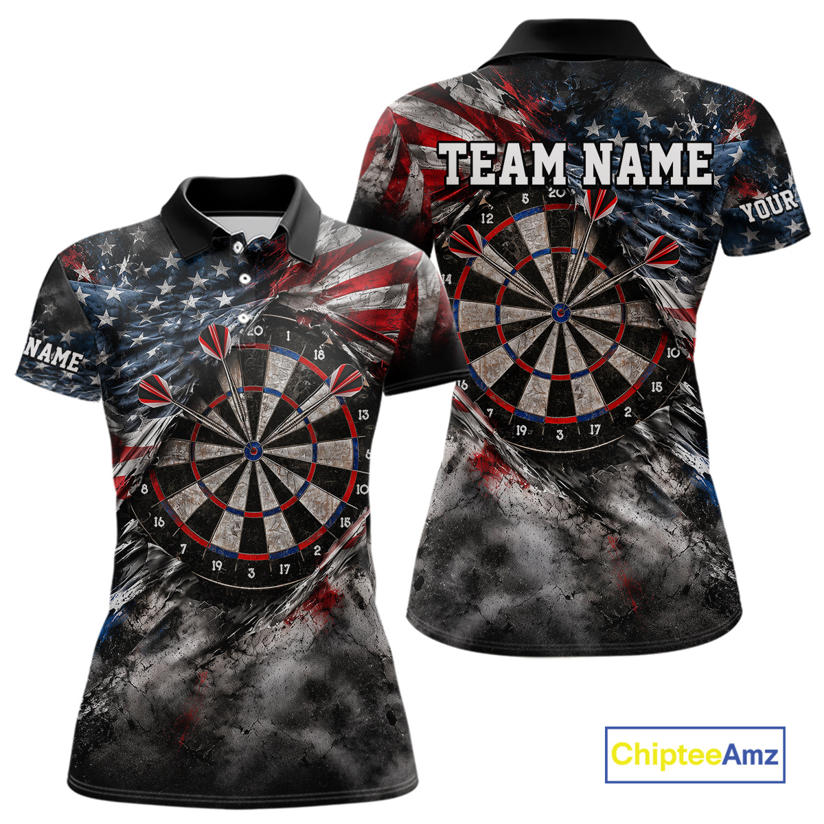 Custom Grunge Torn US Flag Darts 1/4-Zip Polo Shirt For Women Patriotic Darts Team Jersey NYN4780