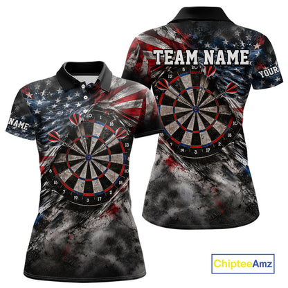 Custom Grunge Torn US Flag Darts 1/4-Zip Polo Shirt For Women Patriotic Darts Team Jersey NYN4780