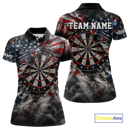 Custom Grunge Torn US Flag Darts 1/4-Zip Polo Shirt For Women Patriotic Darts Team Jersey NYN4780