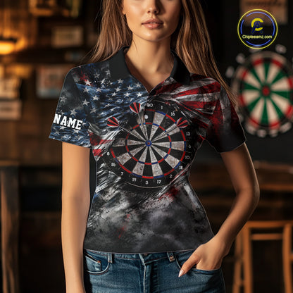Custom Grunge Torn US Flag Darts 1/4-Zip Polo Shirt For Women Patriotic Darts Team Jersey NYN4780