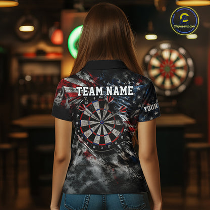 Custom Grunge Torn US Flag Darts 1/4-Zip Polo Shirt For Women Patriotic Darts Team Jersey NYN4780
