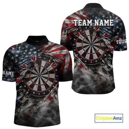Custom Grunge Torn US Flag Darts 1/4-Zip Polo Shirt For Men Patriotic Darts Team Jersey NYN4780