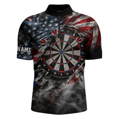 Custom Grunge Torn US Flag Darts 1/4-Zip Polo Shirt For Men Patriotic Darts Team Jersey NYN4780
