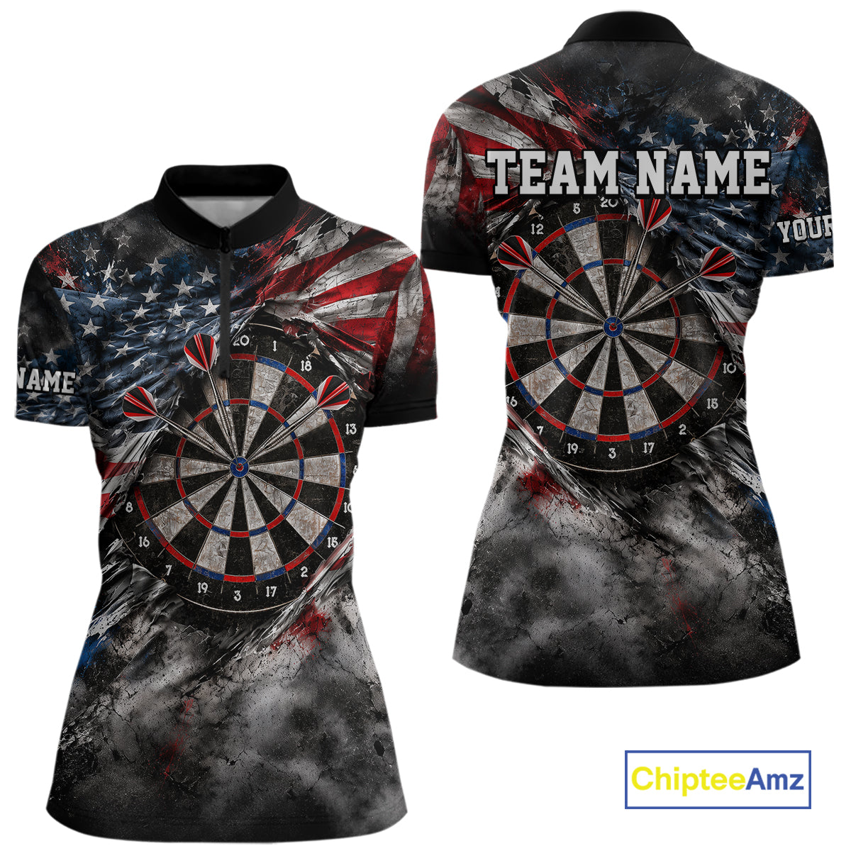Custom Grunge Torn US Flag Darts 1/4-Zip Polo Shirt For Women Patriotic Darts Team Jersey NYN4780