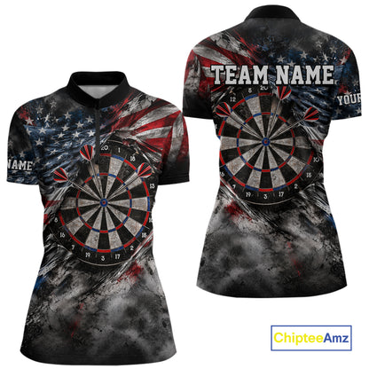 Custom Grunge Torn US Flag Darts 1/4-Zip Polo Shirt For Women Patriotic Darts Team Jersey NYN4780