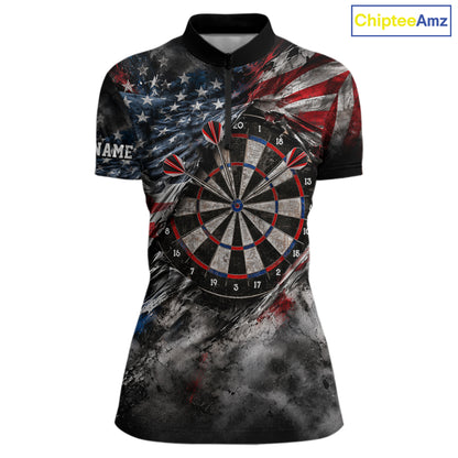 Custom Grunge Torn US Flag Darts 1/4-Zip Polo Shirt For Women Patriotic Darts Team Jersey NYN4780