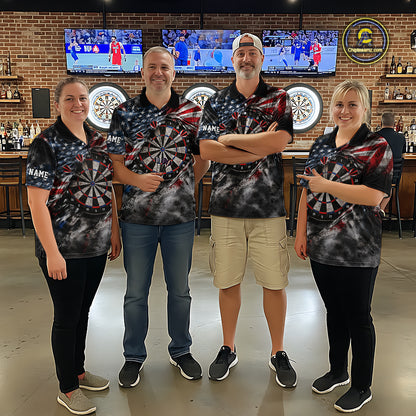 Custom Grunge Torn US Flag Darts 1/4-Zip Polo Shirt For Men Patriotic Darts Team Jersey NYN4780