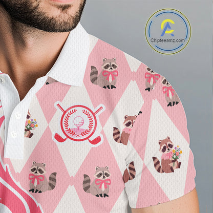 Men's model wearing Glitter Raccoon Golf Polo Shirt, personalized golf apparel, woodland sportswear, custom golf outfit, glitter golf fashion.