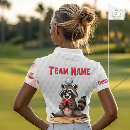 Women's model wearing Glitter Raccoon Golf Polo Shirt, sparkling golf apparel, personalized golf outfit, women's golf club clothing, custom golf team fashion, cute golf lifestyle