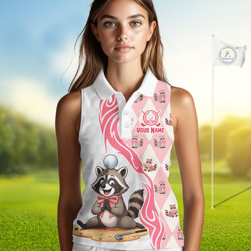 Women's model wearing Glitter Raccoon Golf Polo Shirt, sparkling golf apparel, personalized golf outfit, women's golf club clothing, custom golf team fashion, cute golf lifestyle.