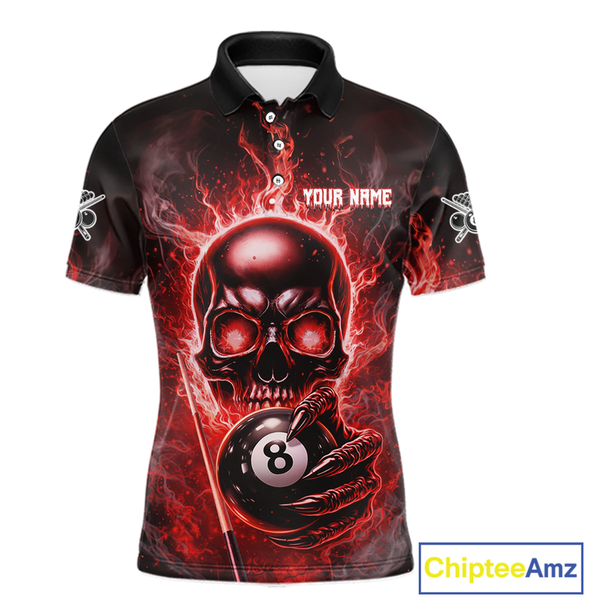 Red Flames Skull Hoding 8 Ball Pool Men Polo & 1/4-Zip Shirt Custom Billiards Ball Jerseys NYN2428