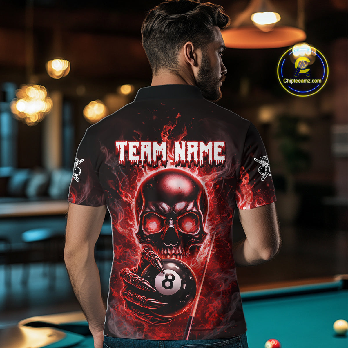 Red Flames Skull Hoding 8 Ball Pool Men Polo & 1/4-Zip Shirt Custom Billiards Ball Jerseys NYN2428