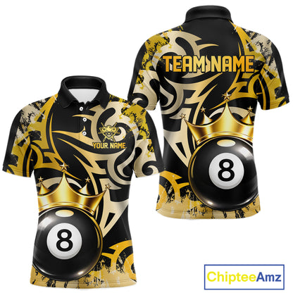 Gold Tribal Crown 8 Ball Pool Men Polo & 1/4-Zip Team Shirt Custom Billiards Ball Jerseys NYN2429