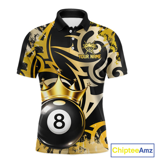 Gold Tribal Crown 8 Ball Pool Men Polo & 1/4-Zip Team Shirt Custom Billiards Ball Jerseys NYN2429