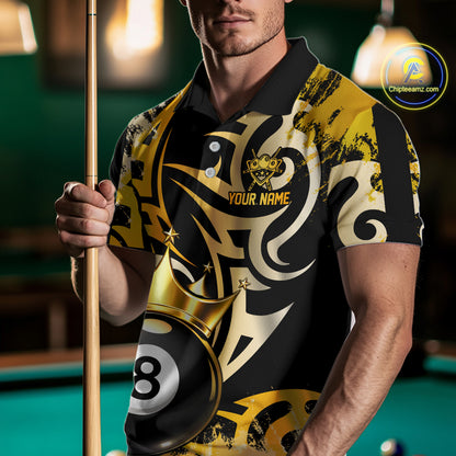 Gold Tribal Crown 8 Ball Pool Men Polo & 1/4-Zip Team Shirt Custom Billiards Ball Jerseys NYN2429