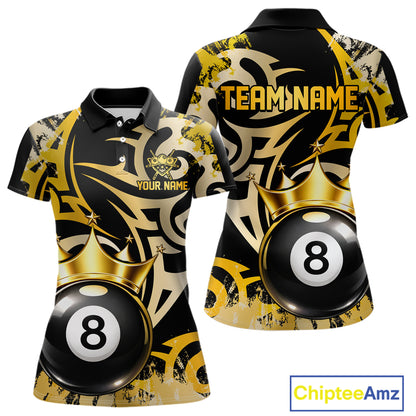 Gold Tribal Crown 8 Ball Pool Women Polo & 1/4-Zip Team Shirt Custom Billiards Ball Jerseys NYN2429