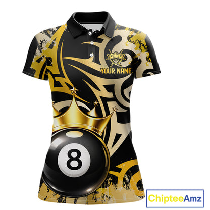 Gold Tribal Crown 8 Ball Pool Women Polo & 1/4-Zip Team Shirt Custom Billiards Ball Jerseys NYN2429